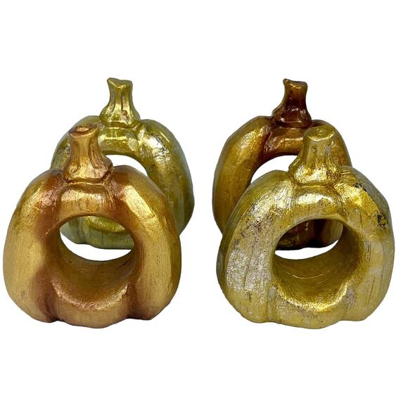 Pumpkin Shape Napkin Ring Fall Harvest Thanksgiving Gold Orange Set of 4 Resin - Picture 2 of 2
